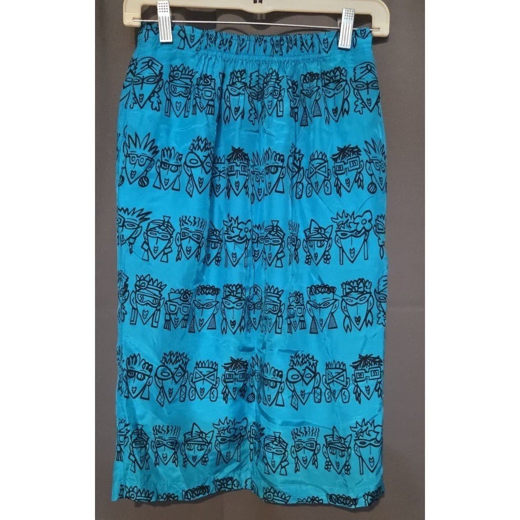 Esprit Turquoise Blue Novelty Face Print Midi Skirt, Elastic Waist, Vintage - Thumbnail 3