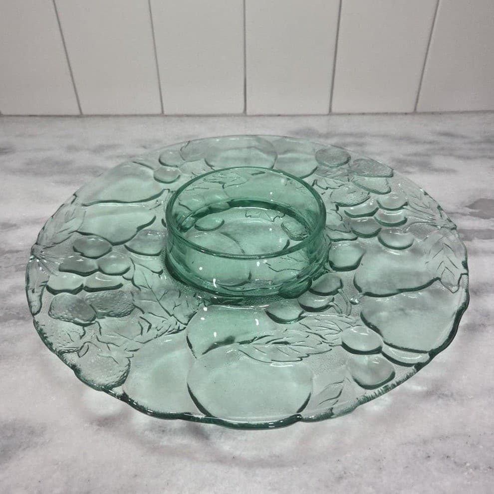 Libbey Teal Serving Tray with Dip Bowl, Vintage Orchard Design Dish, Serveware - Thumbnail 2