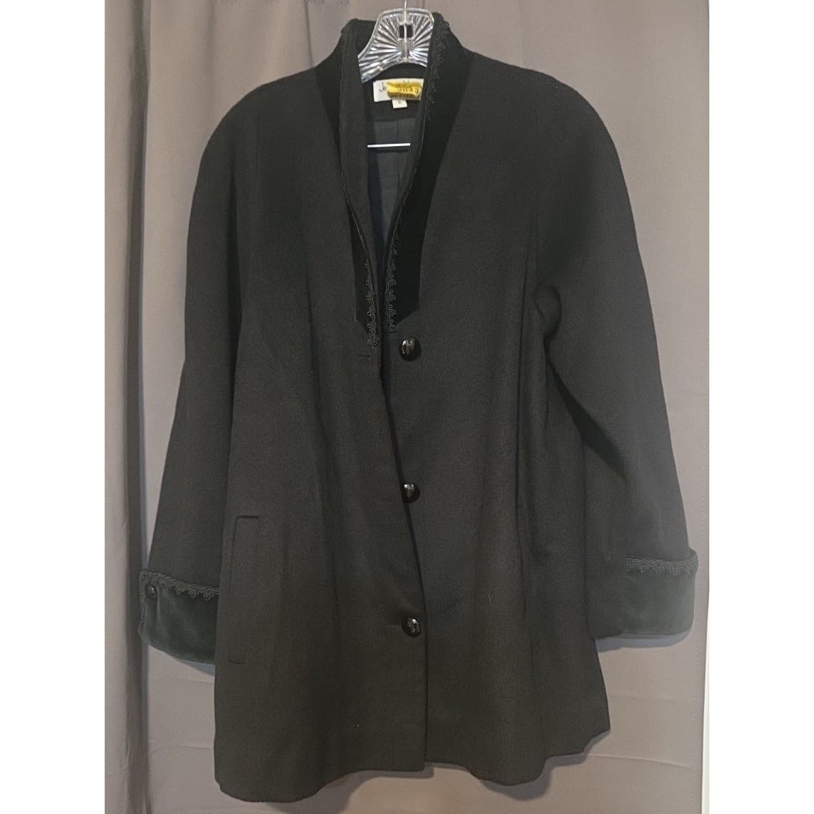 Jonathan Michael Black Wool Velvet Trim Soutache Coat, Women's Size 6 Jacket USA - Thumbnail 3