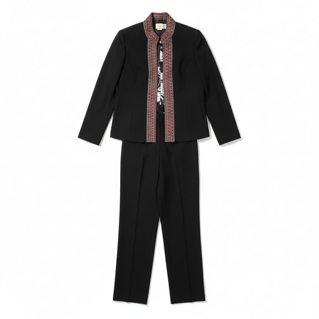 Jessica Howard Womens 2 Piece Pant Suit Set, Black Embroidered Trim, Size 6