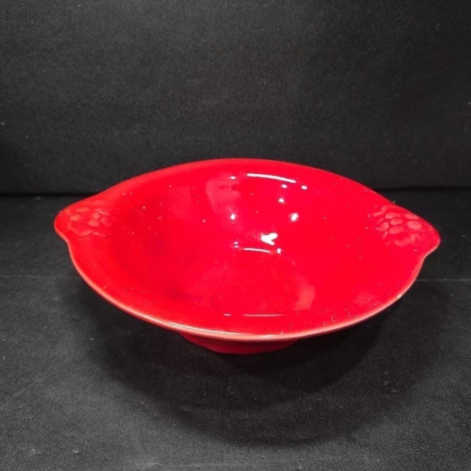 Cal Style Red Drip Glaze Bowl, Vintage USA Pottery, Dual Handle Holly Design - Thumbnail 2
