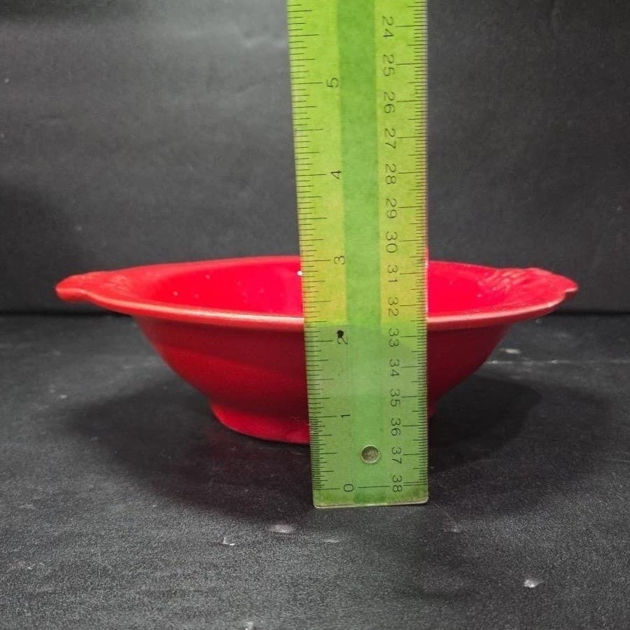 Cal Style Red Drip Glaze Bowl, Vintage USA Pottery, Dual Handle Holly Design - Thumbnail 7