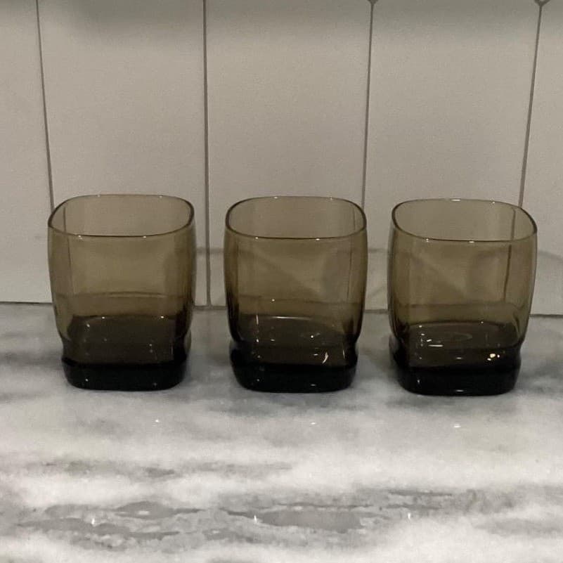Libbey Carrington Brown Rock Glasses, Set of 3, Vintage Square Base, Drinkware - Thumbnail 9