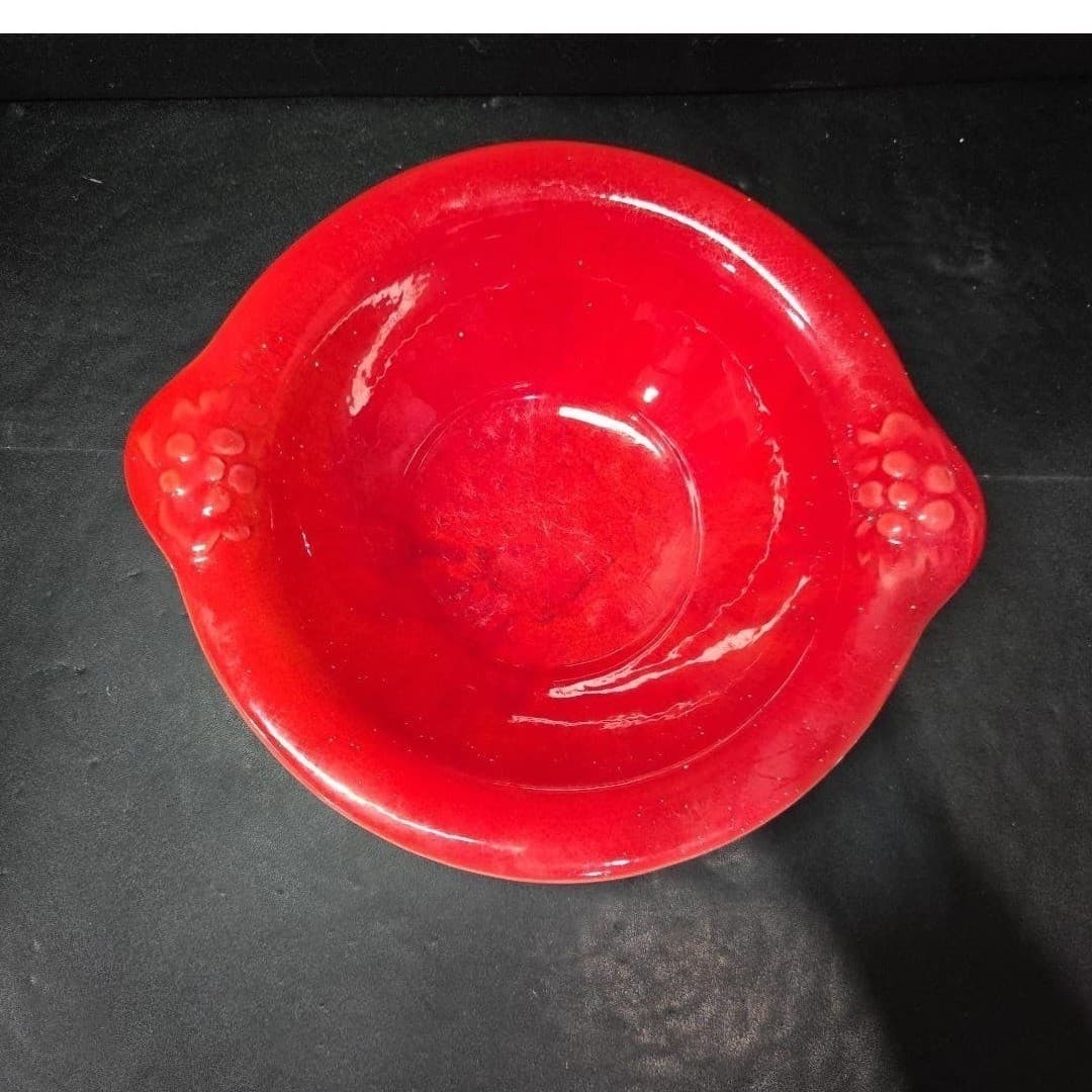 Cal Style Red Drip Glaze Bowl, Vintage USA Pottery, Dual Handle Holly Design - Thumbnail 3