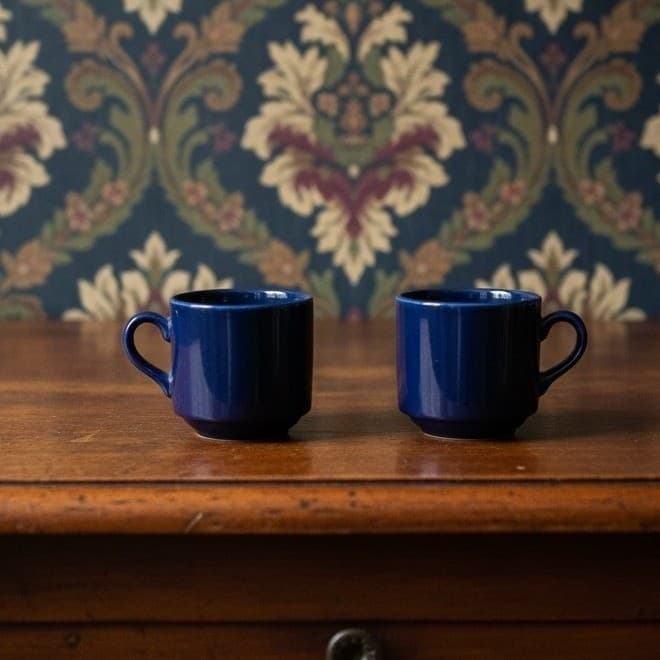 English Stoneware Cobalt Blue Coffee Cups, Set of 2, Vintage Stackable Mugs