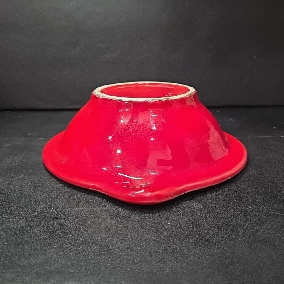 Cal Style Red Drip Glaze Bowl, Vintage USA Pottery, Dual Handle Holly Design - Thumbnail 11