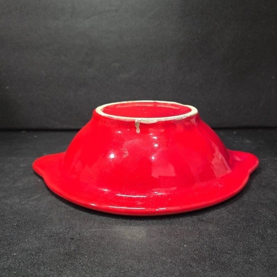Cal Style Red Drip Glaze Bowl, Vintage USA Pottery, Dual Handle Holly Design - Thumbnail 8