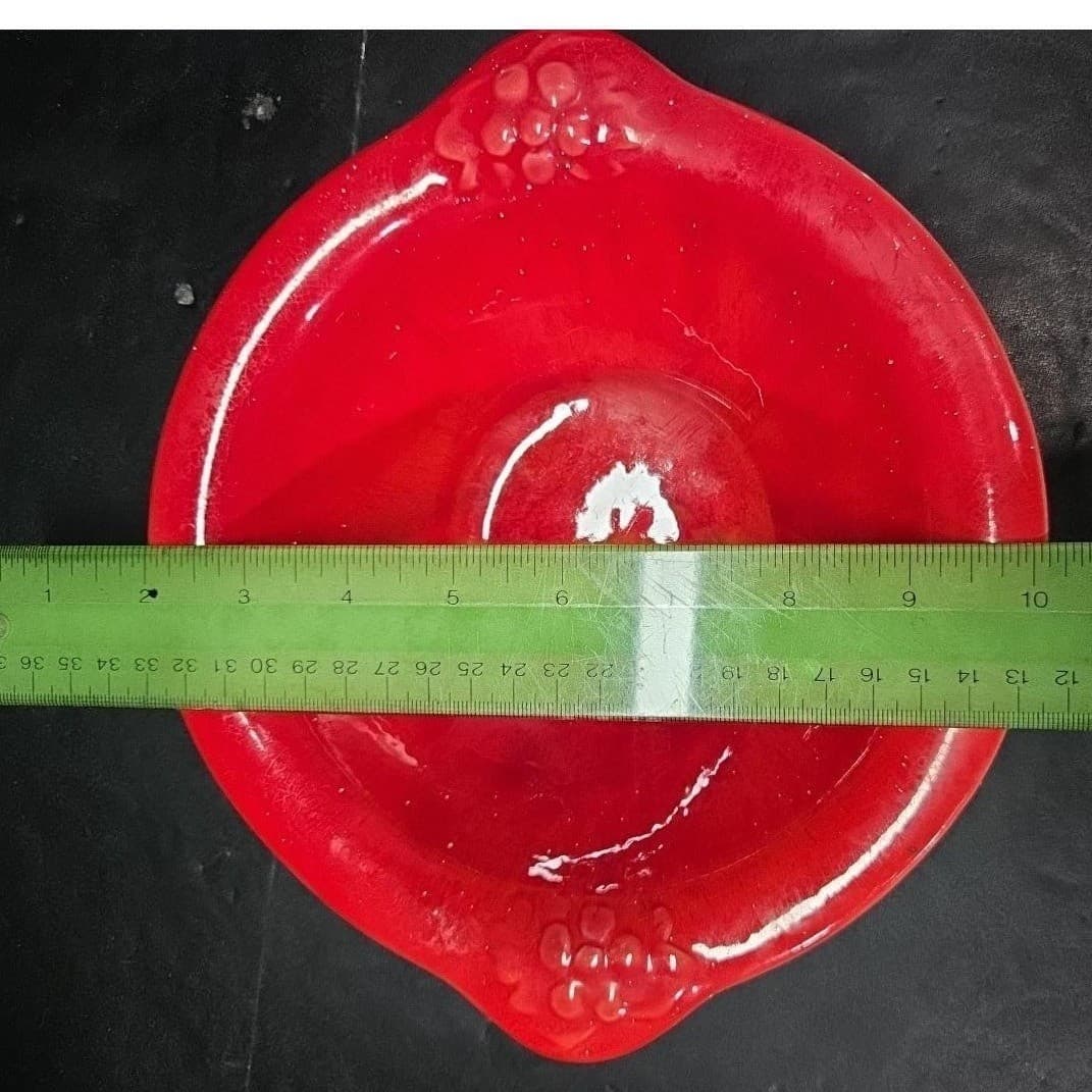 Cal Style Red Drip Glaze Bowl, Vintage USA Pottery, Dual Handle Holly Design - Thumbnail 6