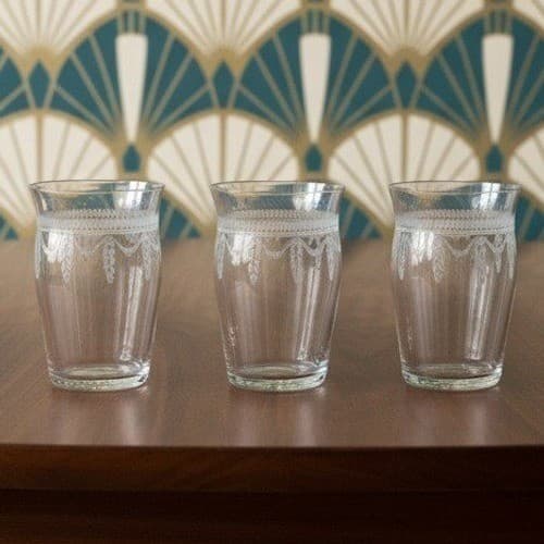 Fostoria Inspired Flat Tumblers, Set of 3, Vintage Geometric Etches Glasses
