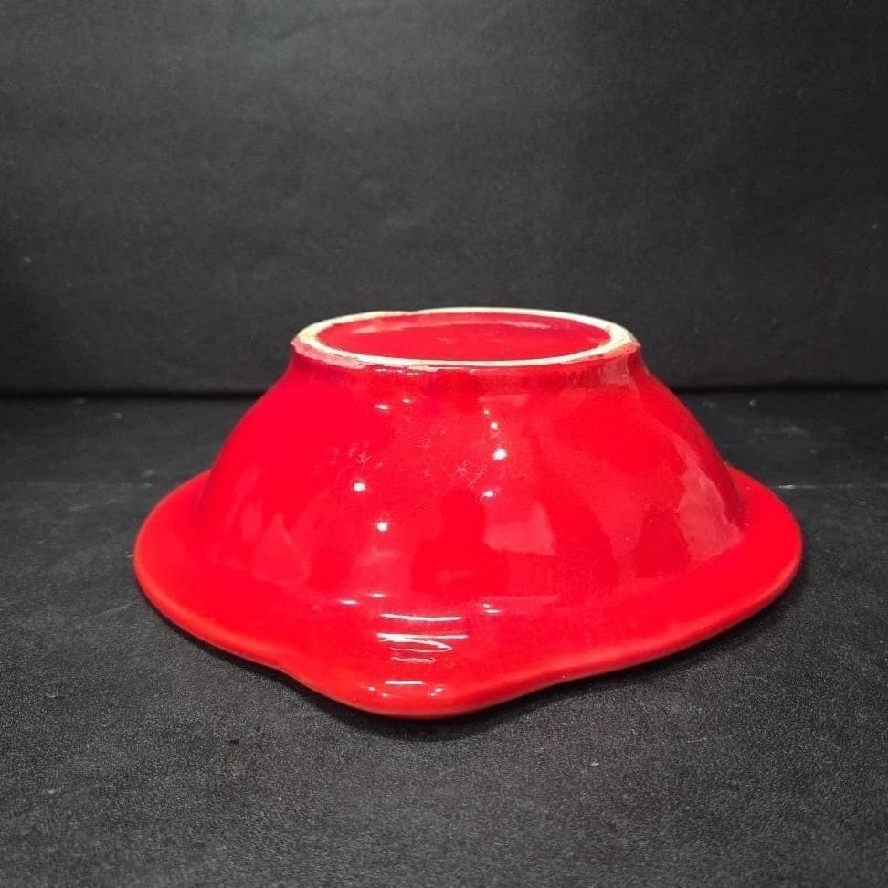 Cal Style Red Drip Glaze Bowl, Vintage USA Pottery, Dual Handle Holly Design - Thumbnail 9