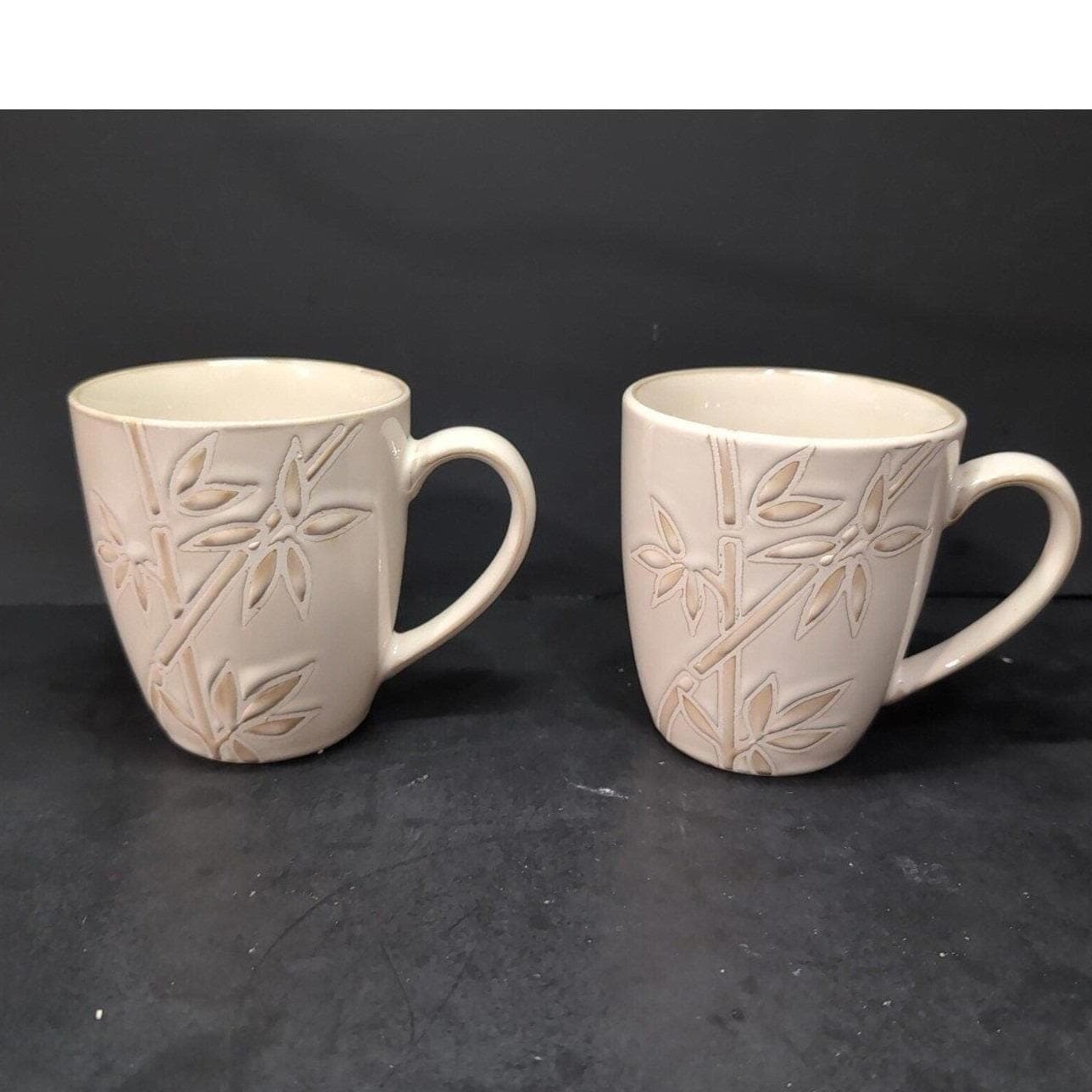 Florida Marketplace Bamboo Design Coffee Cups, Set Of 2, Vintage Stoneware Mugs - Thumbnail 2