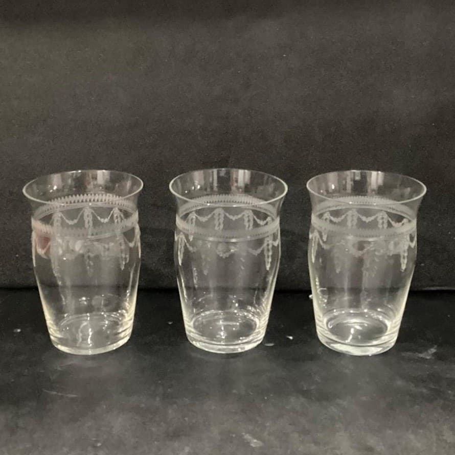 Fostoria Inspired Flat Tumblers, Set of 3, Vintage Geometric Etches Glasses - Thumbnail 2