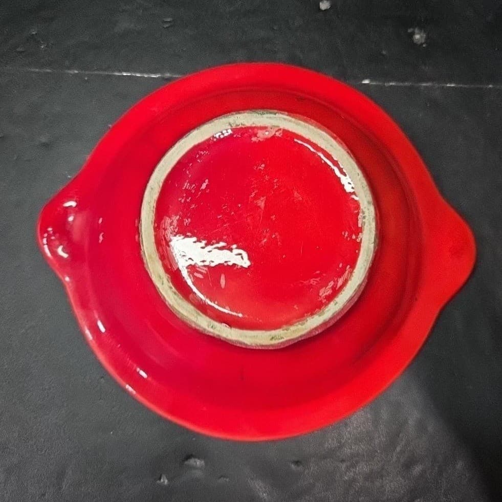 Cal Style Red Drip Glaze Bowl, Vintage USA Pottery, Dual Handle Holly Design - Thumbnail 4