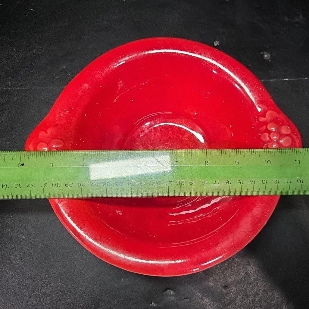 Cal Style Red Drip Glaze Bowl, Vintage USA Pottery, Dual Handle Holly Design - Thumbnail 5