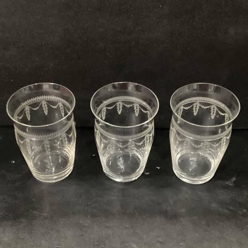 Fostoria Inspired Flat Tumblers, Set of 3, Vintage Geometric Etches Glasses - Thumbnail 3