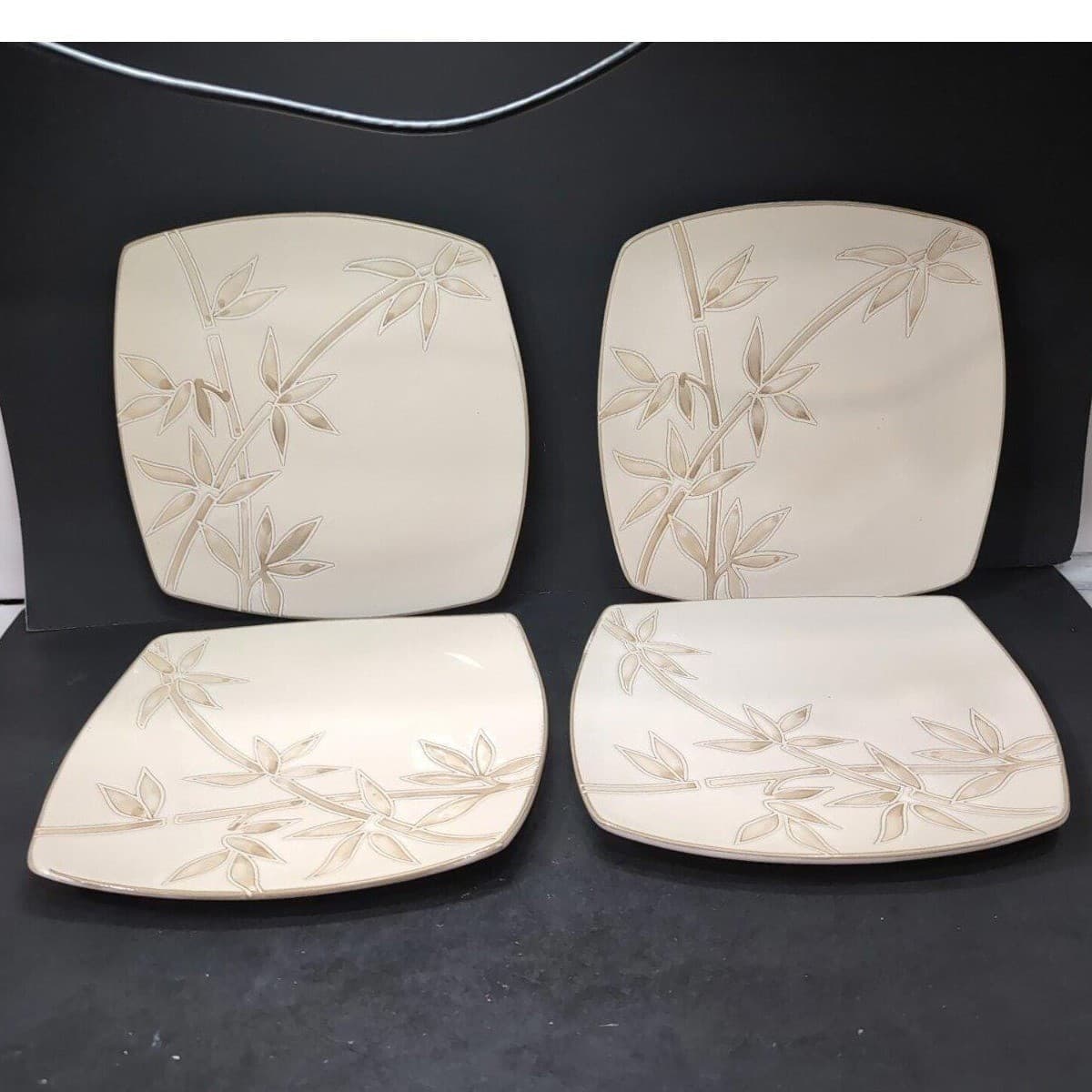 Florida Marketplace Bamboo Design Dinner Plate, Set of 4, Vintage Square Dishes - Thumbnail 2