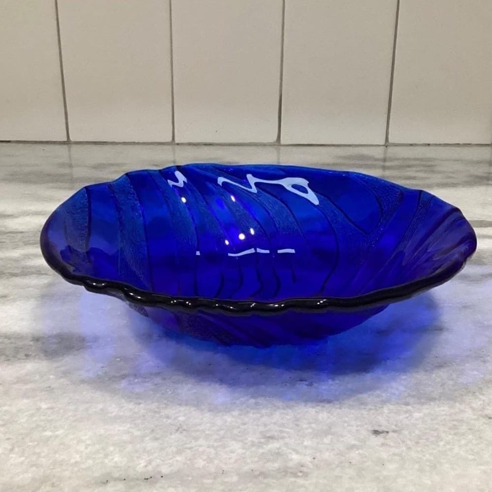 IVV Cobalt Blue Glass Pasta Bowl, Vintage Textured Wavy Stripes Design Tableware - Thumbnail 11