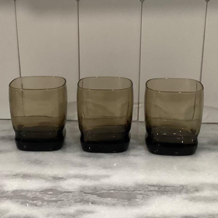 Libbey Carrington Brown Rock Glasses, Set of 3, Vintage Square Base, Drinkware - Thumbnail 7