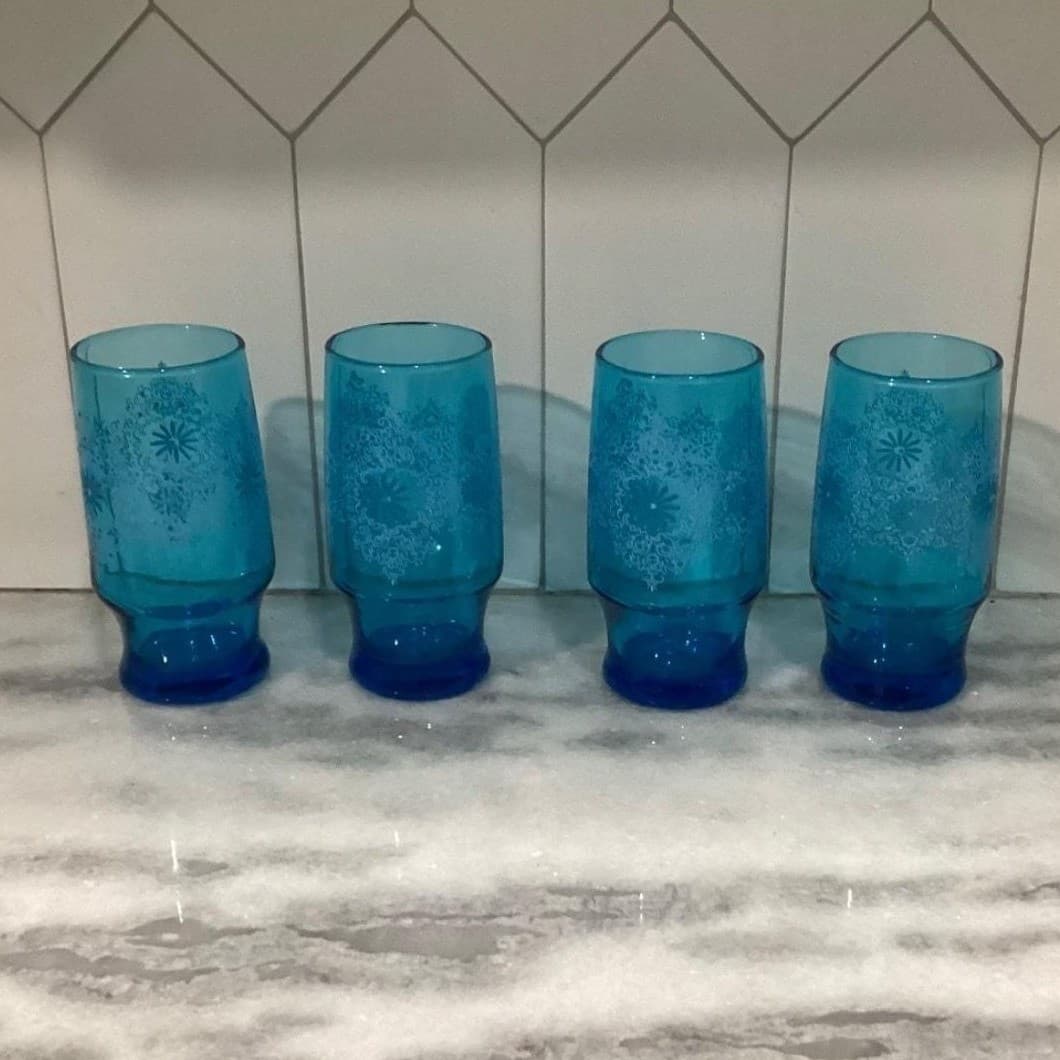 Anchor Hocking Chateau Pattern Tumblers, Set of 4, Vintage Turquoise Glasses - Thumbnail 8