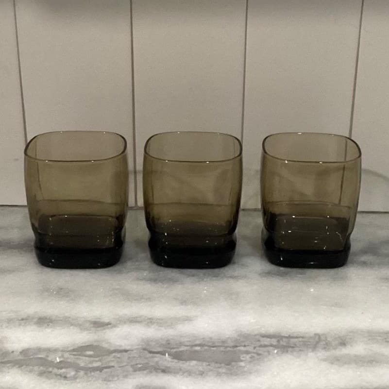 Libbey Carrington Brown Rock Glasses, Set of 3, Vintage Square Base, Drinkware - Thumbnail 10