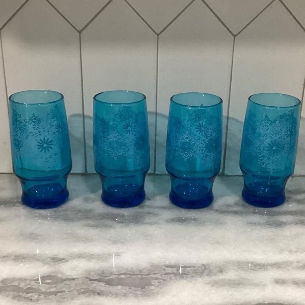 Anchor Hocking Chateau Pattern Tumblers, Set of 4, Vintage Turquoise Glasses - Thumbnail 9