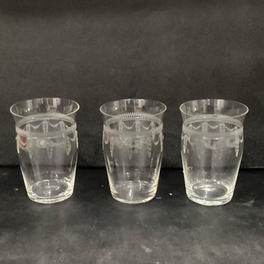 Fostoria Inspired Flat Tumblers, Set of 3, Vintage Geometric Etches Glasses - Thumbnail 9
