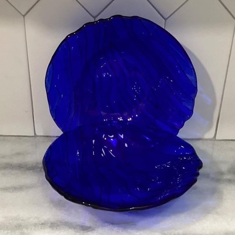 IVV Cobalt Blue Glass Pasta Bowls, Set of 2, Vintage Textured Wavy Stripe Design - Thumbnail 2