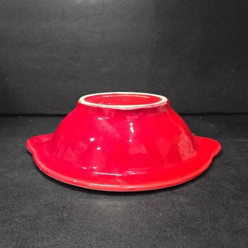 Cal Style Red Drip Glaze Bowl, Vintage USA Pottery, Dual Handle Holly Design - Thumbnail 10