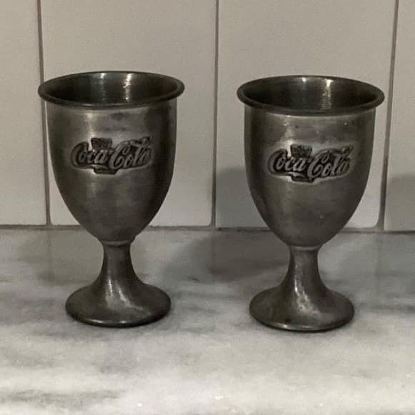 Pewter "Enjoy Coca-Cola" Footed Cups, Set of 2, Vintage Goblets, Replacement - Thumbnail 2