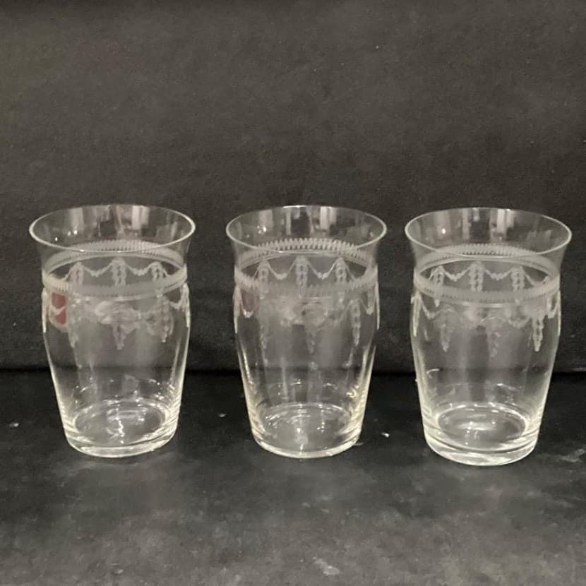 Fostoria Inspired Flat Tumblers, Set of 3, Vintage Geometric Etches Glasses - Thumbnail 11