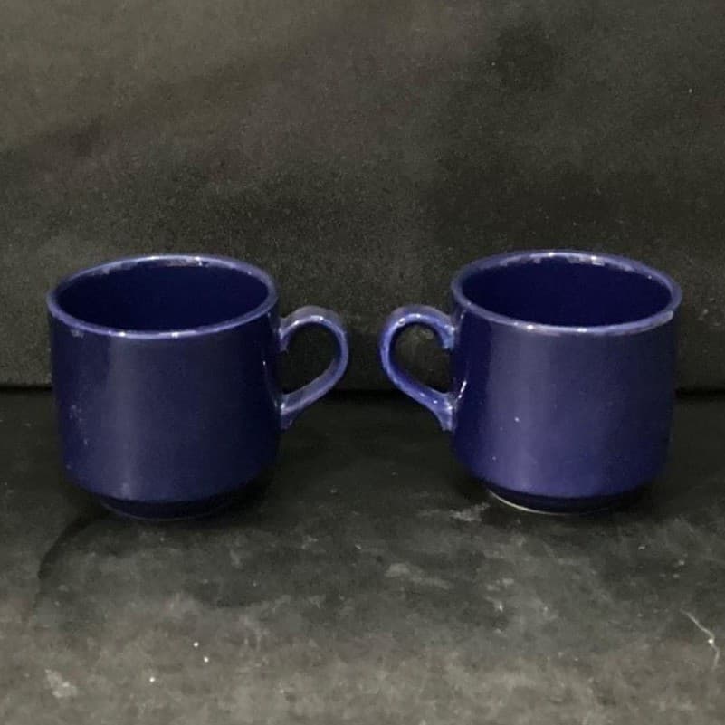 English Stoneware Cobalt Blue Coffee Cups, Set of 2, Vintage Stackable Mugs - Thumbnail 2