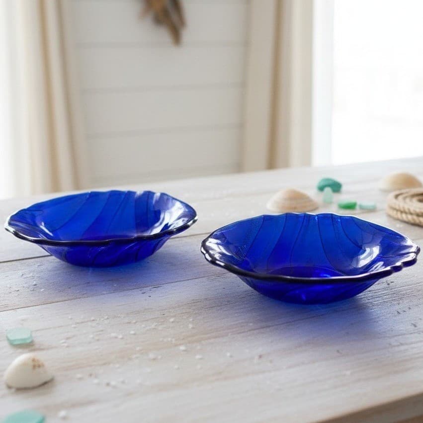 IVV Cobalt Blue Glass Pasta Bowls, Set of 2, Vintage Textured Wavy Stripe Design