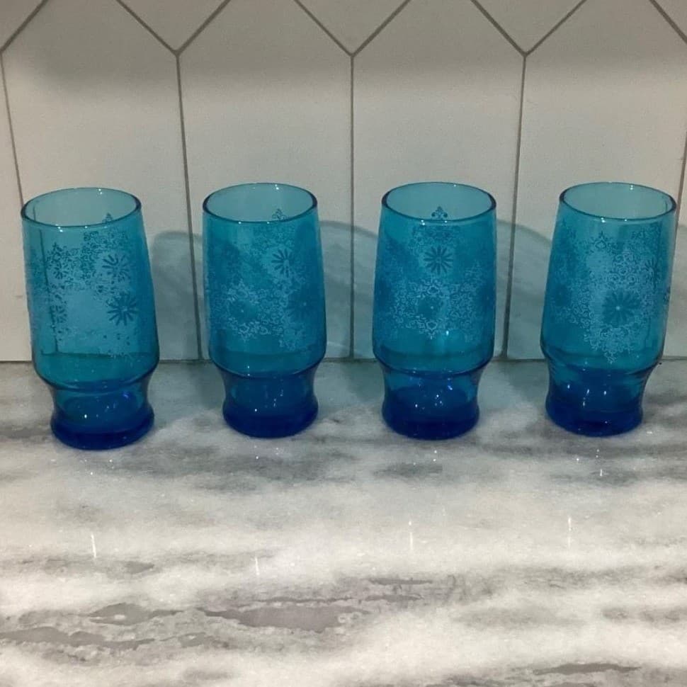 Anchor Hocking Chateau Pattern Tumblers, Set of 4, Vintage Turquoise Glasses - Thumbnail 11