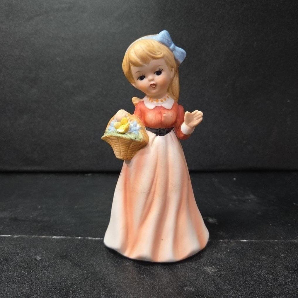 Girl With Pink Dress Porcelain Figurine, Basket And Blue Bow Design 5.5" Statue - Thumbnail 2