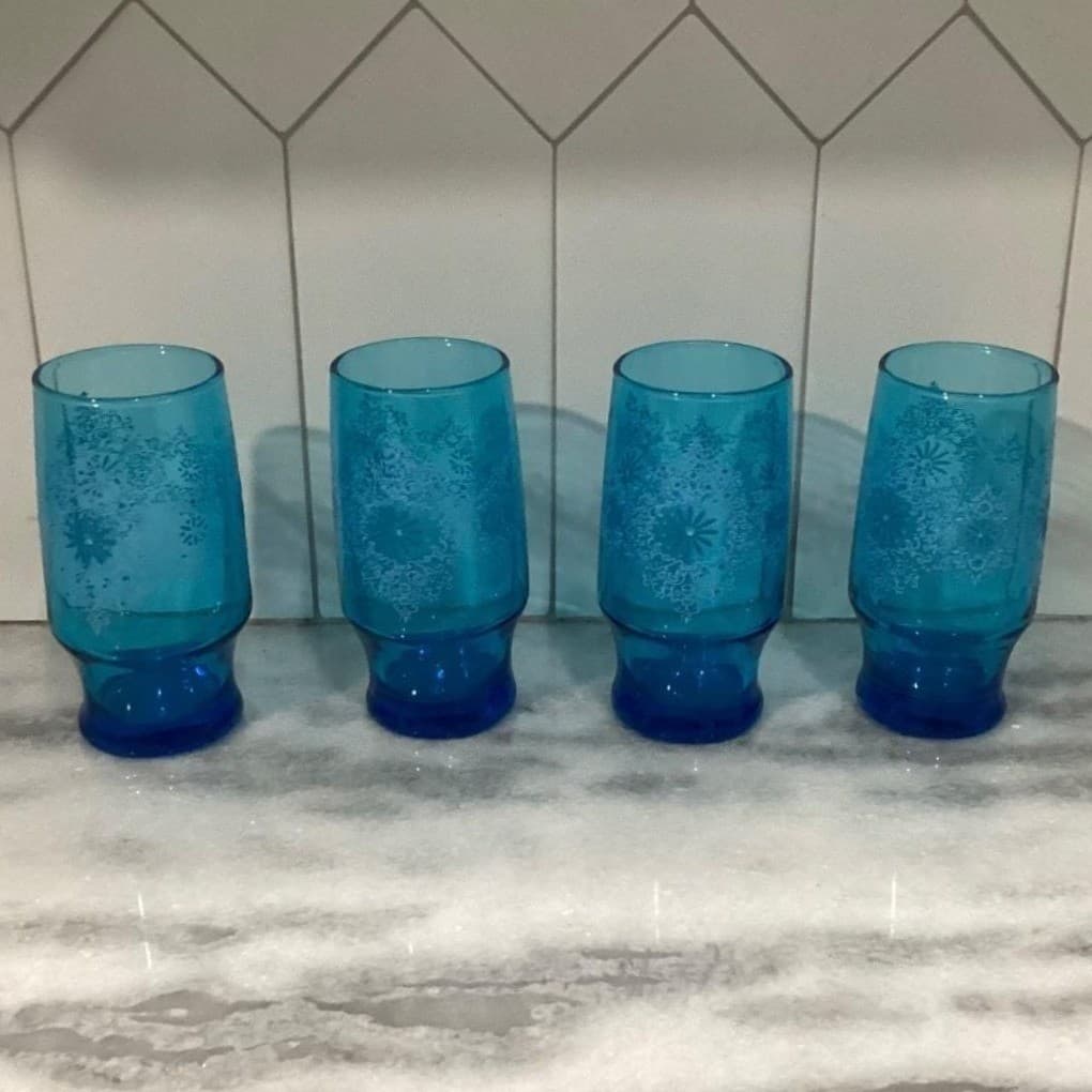 Anchor Hocking Chateau Pattern Tumblers, Set of 4, Vintage Turquoise Glasses - Thumbnail 10