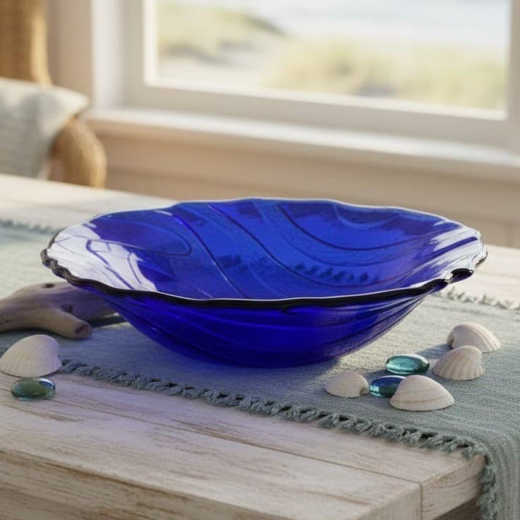 IVV Cobalt Blue Glass Pasta Bowl, Vintage Textured Wavy Stripes Design Tableware