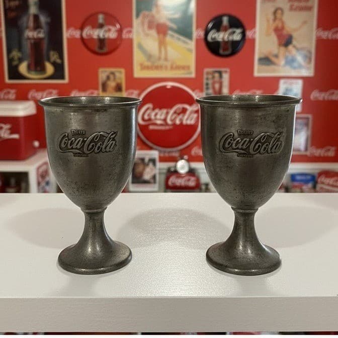 Pewter "Enjoy Coca-Cola" Footed Cups, Set of 2, Vintage Goblets, Replacement