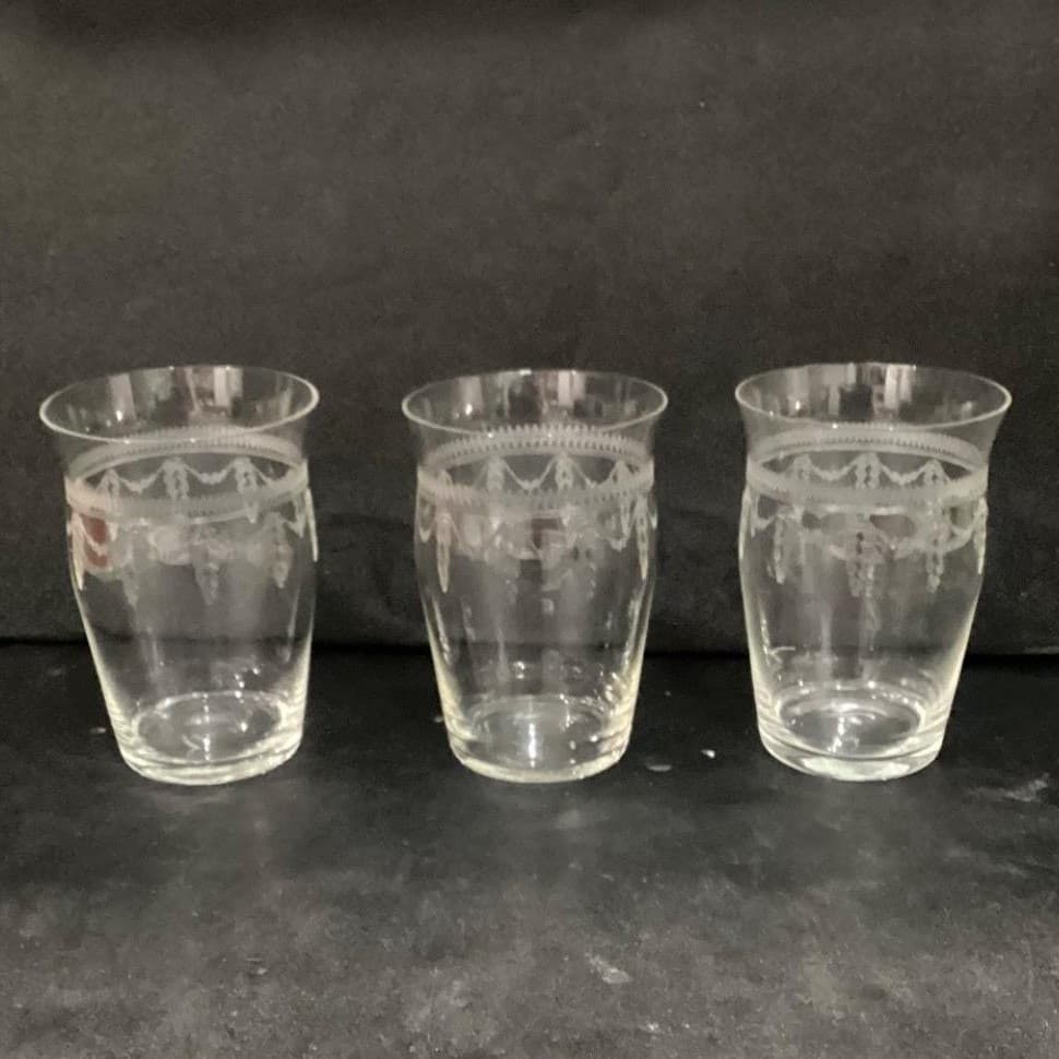 Fostoria Inspired Flat Tumblers, Set of 3, Vintage Geometric Etches Glasses - Thumbnail 8