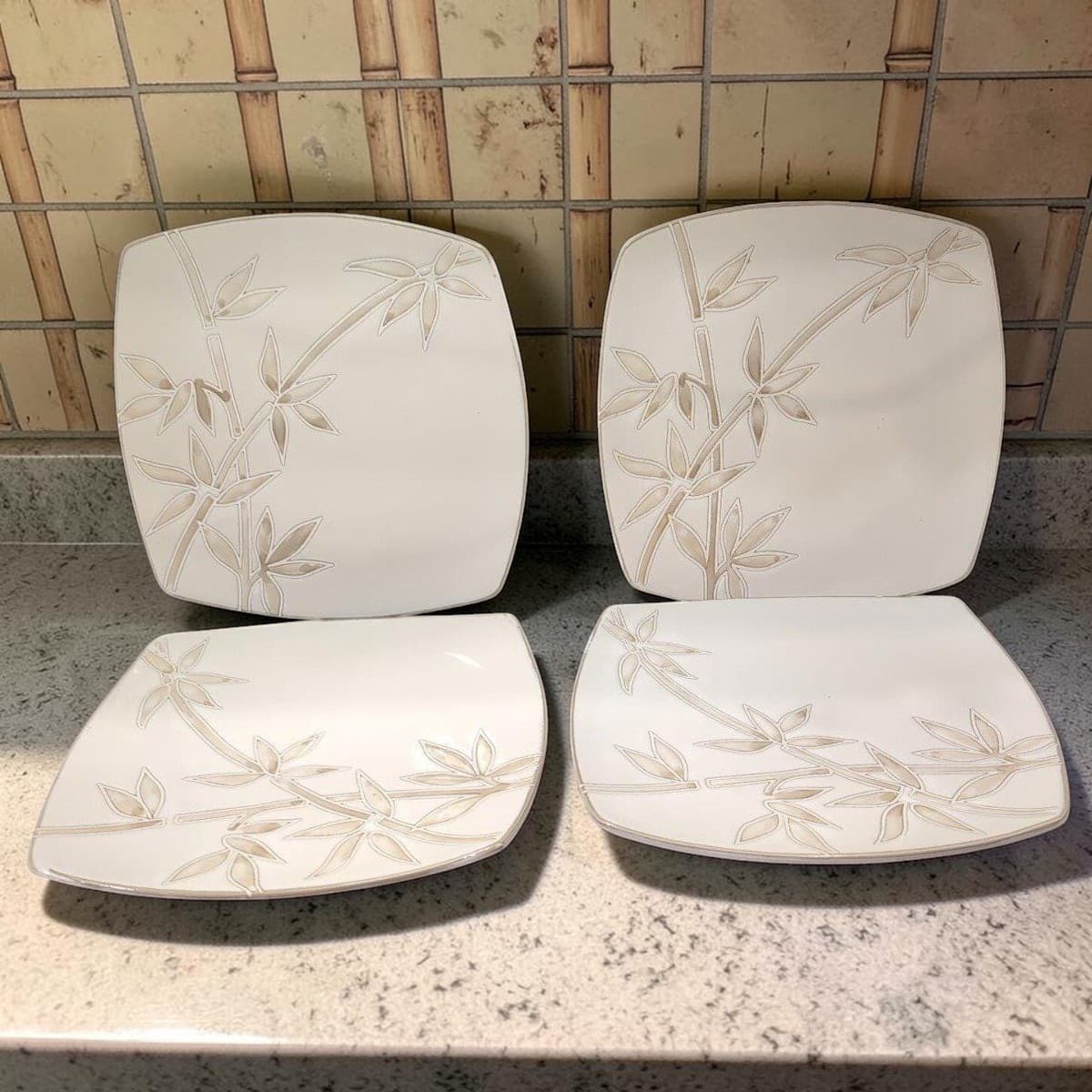 Florida Marketplace Bamboo Design Dinner Plate, Set of 4, Vintage Square Dishes