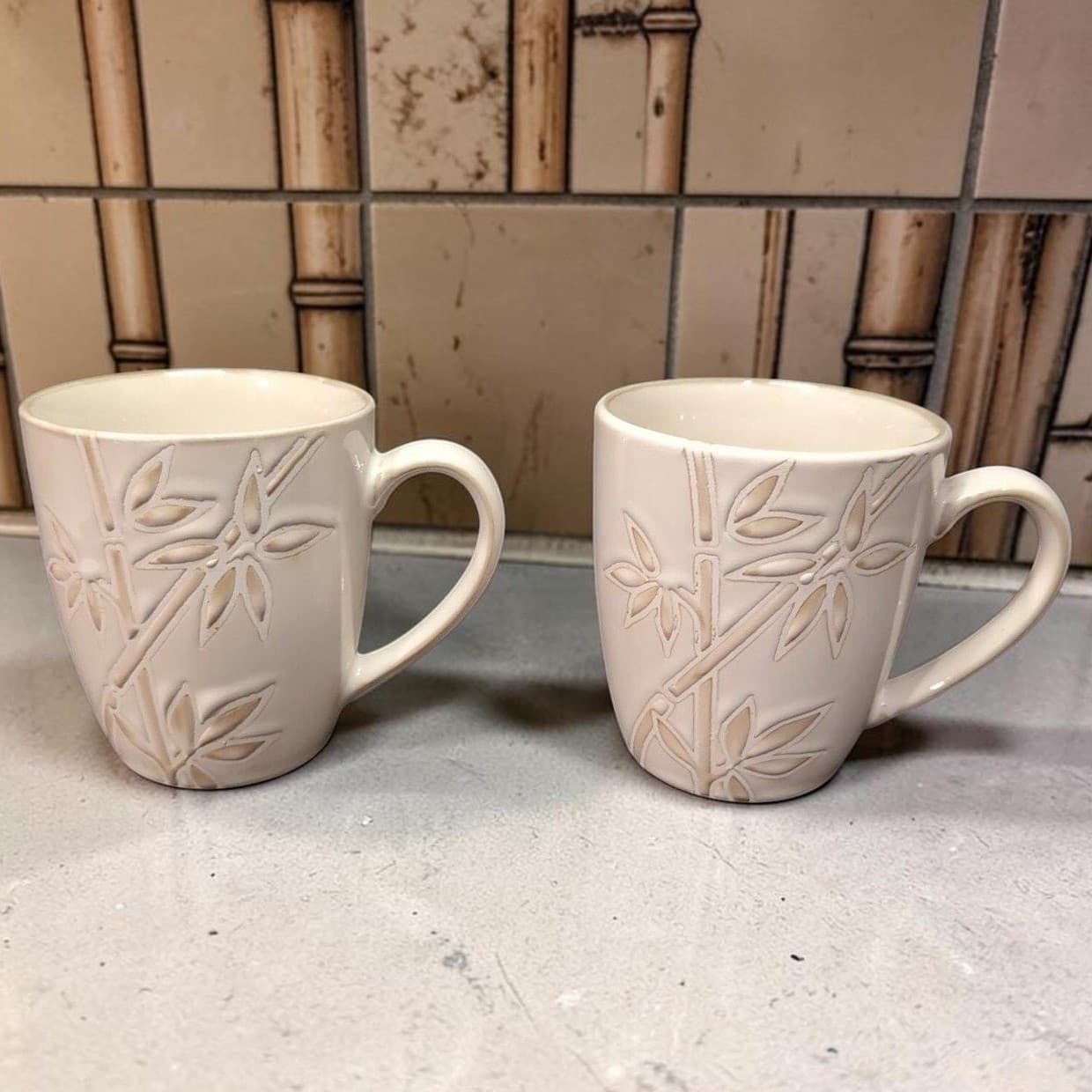 Florida Marketplace Bamboo Design Coffee Cups, Set Of 2, Vintage Stoneware Mugs