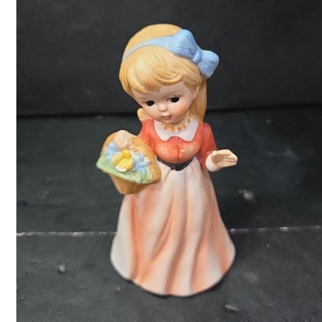 Girl With Pink Dress Porcelain Figurine, Basket And Blue Bow Design 5.5" Statue - Thumbnail 6