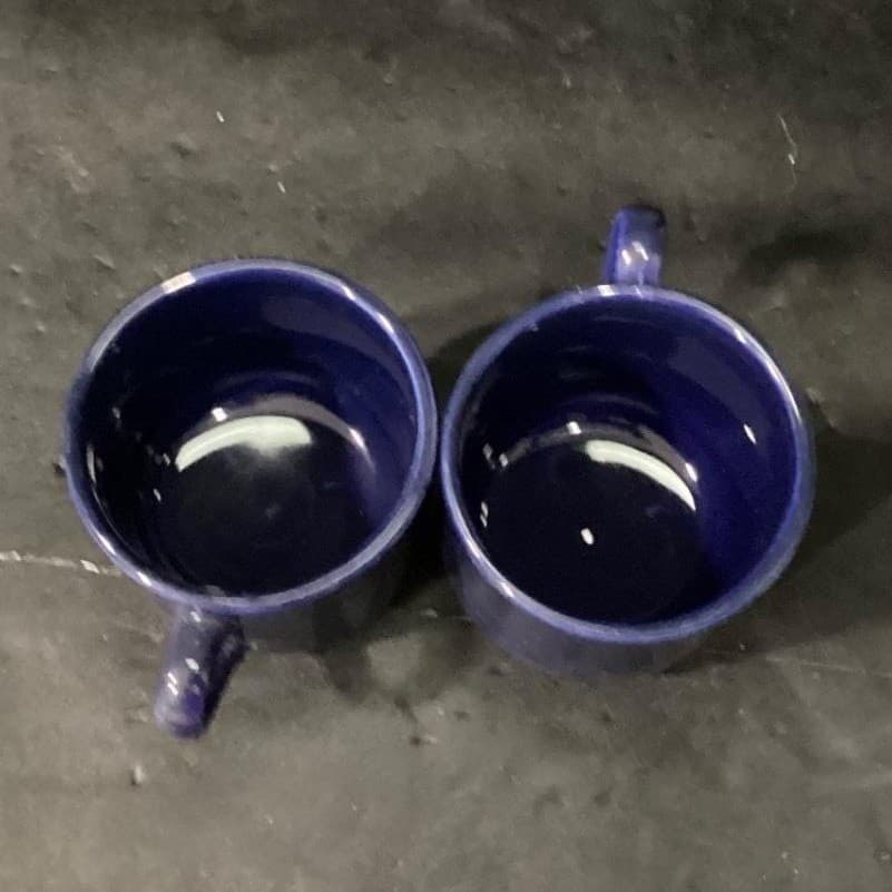 English Stoneware Cobalt Blue Coffee Cups, Set of 2, Vintage Stackable Mugs - Thumbnail 3