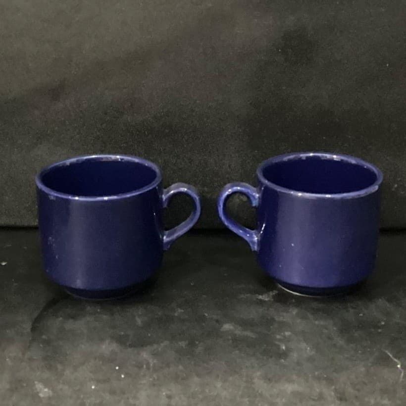 English Stoneware Cobalt Blue Coffee Cups, Set of 2, Vintage Stackable Mugs - Thumbnail 8