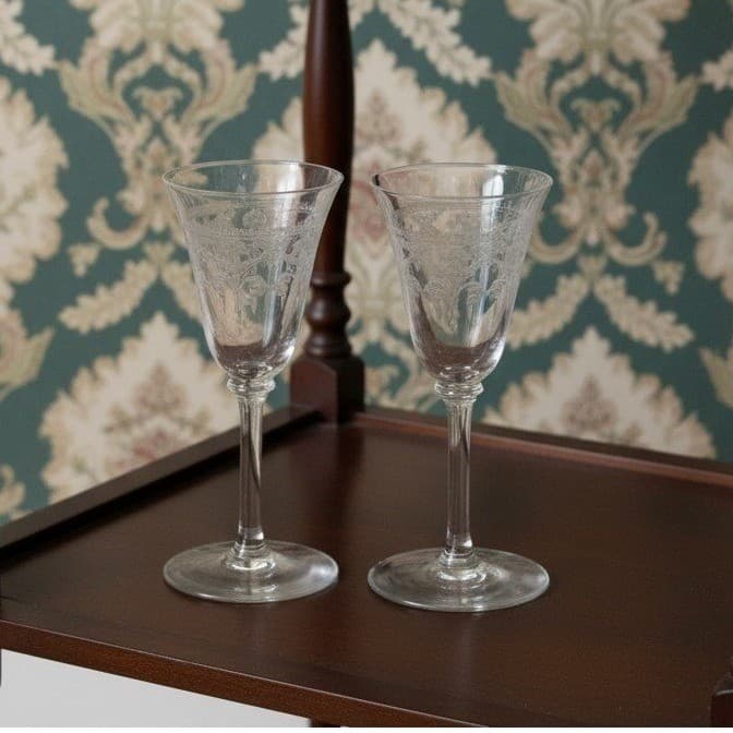 Bryce Glass Sherry Glasses, Set of 2, Vintage Etched Ribbons & Flowers Cordials