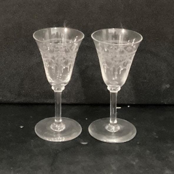 Bryce Glass Sherry Glasses, Set of 2, Vintage Etched Ribbons & Flowers Cordials - Thumbnail 2