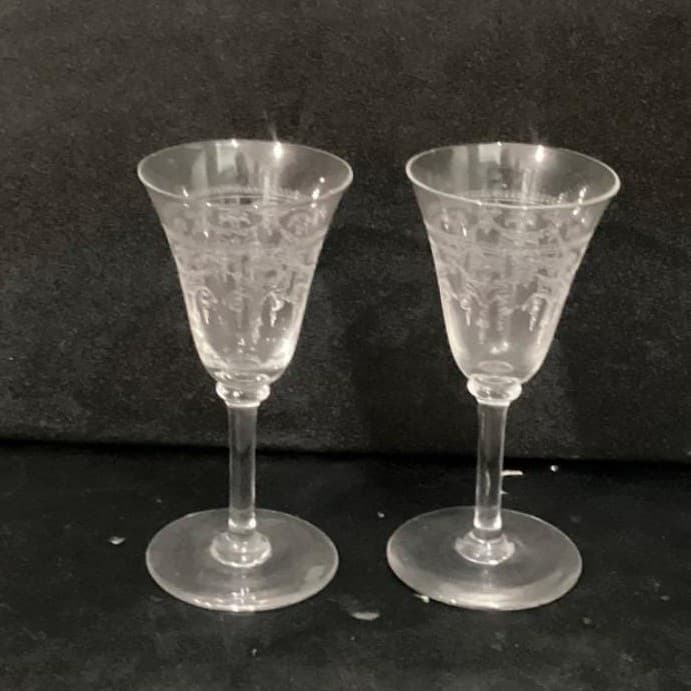 Bryce Glass Sherry Glasses, Set of 2, Vintage Etched Ribbons & Flowers Cordials - Thumbnail 8