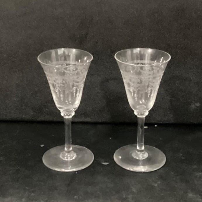 Bryce Glass Sherry Glasses, Set of 2, Vintage Etched Ribbons & Flowers Cordials - Thumbnail 10