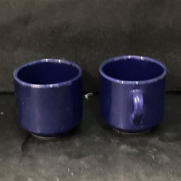 English Stoneware Cobalt Blue Coffee Cups, Set of 2, Vintage Stackable Mugs - Thumbnail 9
