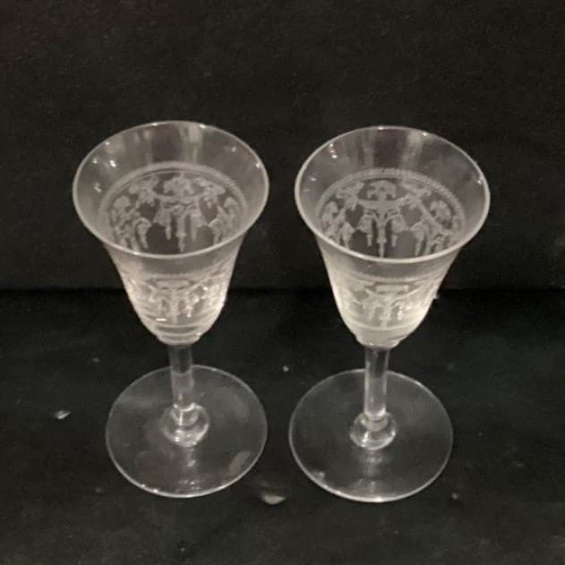 Bryce Glass Sherry Glasses, Set of 2, Vintage Etched Ribbons & Flowers Cordials - Thumbnail 3