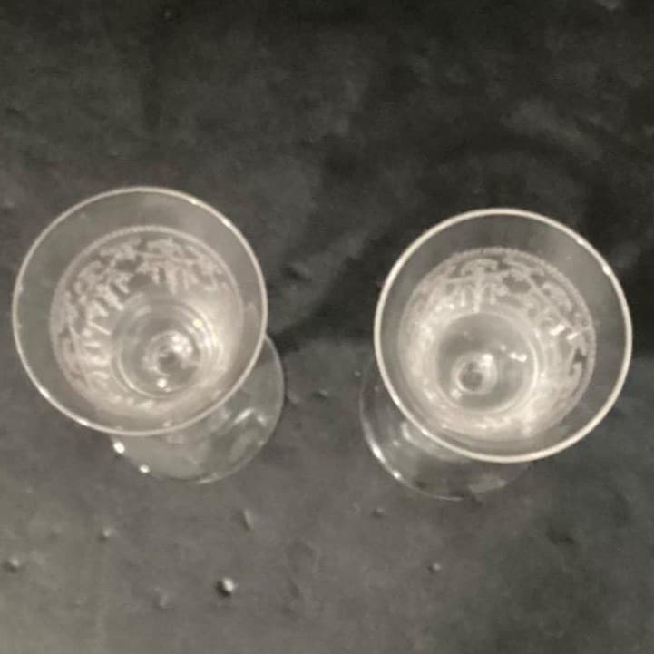 Bryce Glass Sherry Glasses, Set of 2, Vintage Etched Ribbons & Flowers Cordials - Thumbnail 4